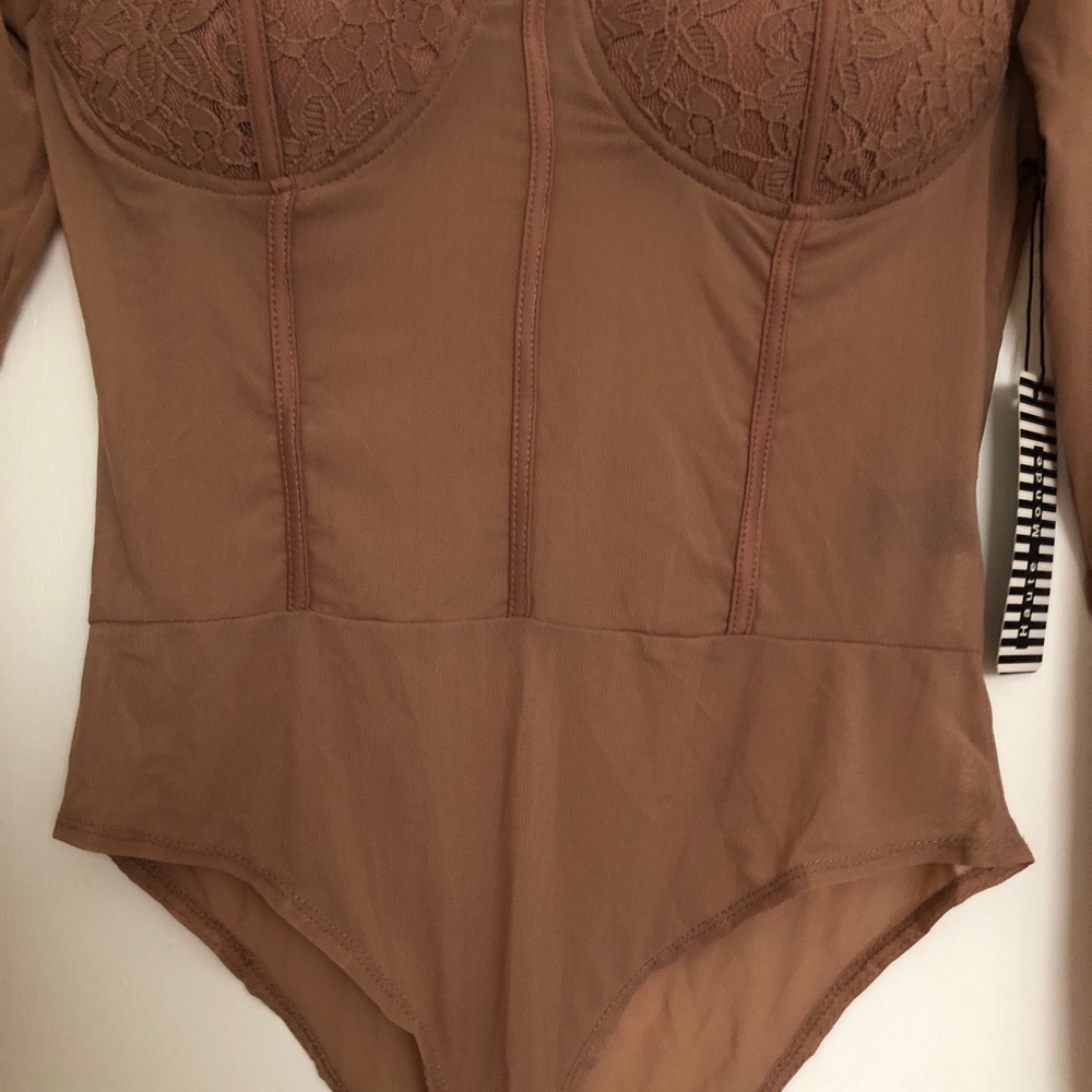 Nude Tan Bodysuit Sheer With Corset Style Bodice by Haute Monde Size Medium - Picture 6 of 9